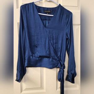 Banana Republic Blue Silky-Feel "Wrap" and Tie Long-Sleeved Blouse
